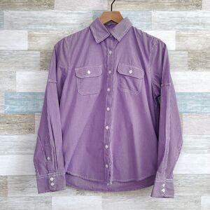 Lands End Gingham Utility Shirt Purple White Button Down Casual Womens Small 6 8